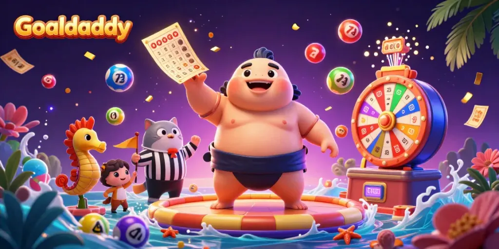 Experience Goaldaddy in a vibrant underwater scene with a fugu, catfish referee, and dynamic lottery elements.