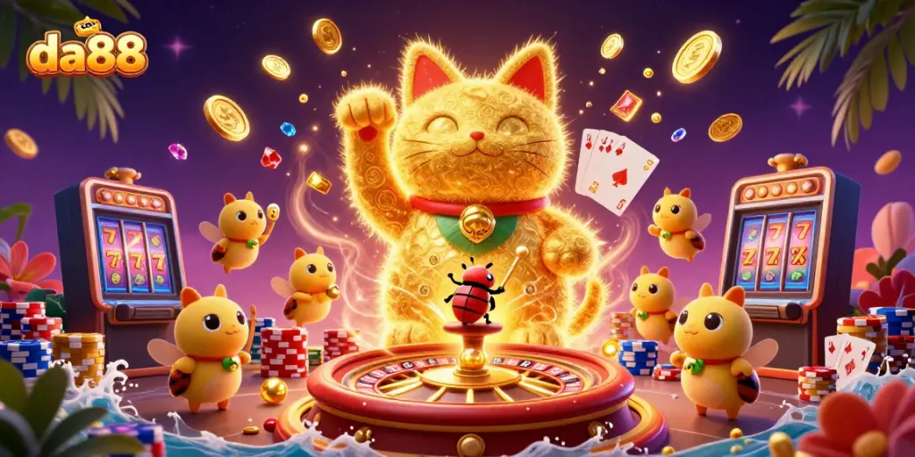 Experience the excitement of da88 with a vibrant 3D illustration of a lucky cat and colorful casino symbols.