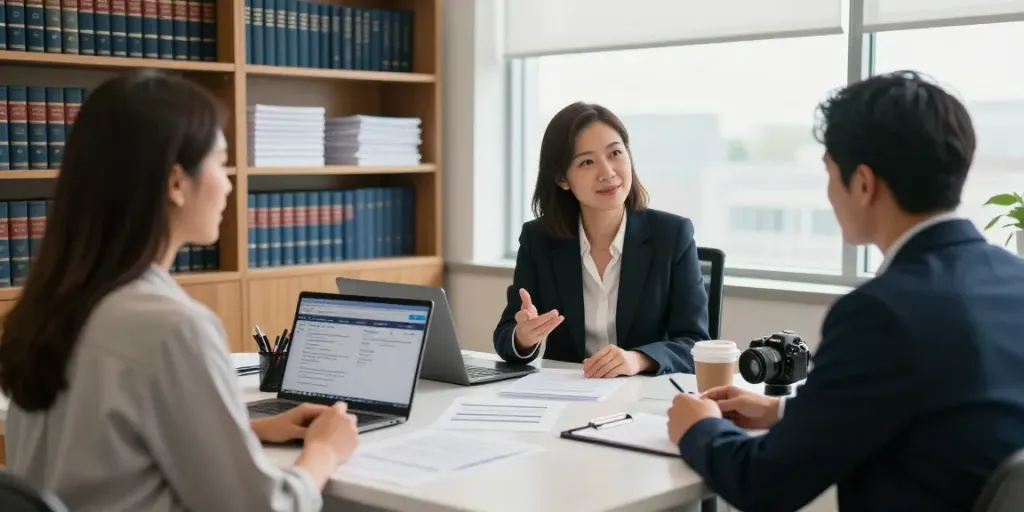 Immigration attorney meeting with a couple to discuss their options for a free immigration lawyer.
