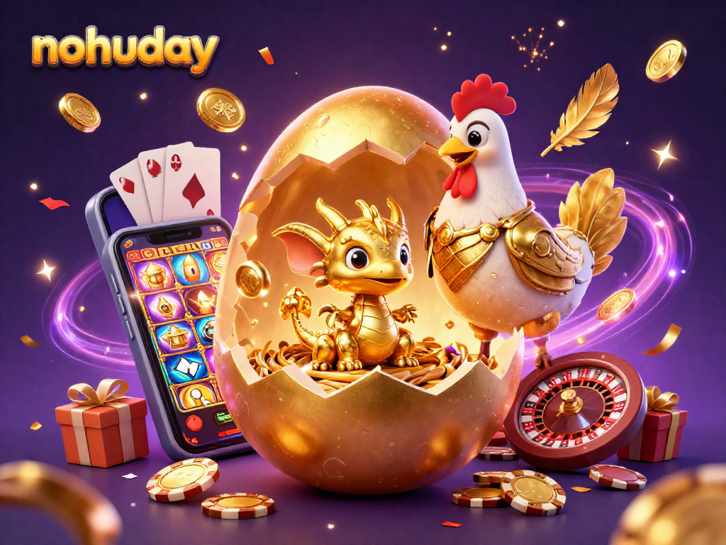 Nohuday showcases a vibrant 3D scene of a colossal golden egg revealing a golden dragon amidst casino-themed elements.
