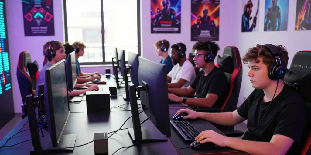 Engaged players at situs singatoto in a vibrant gaming setup, showcasing modern gaming technology and collaborative excitement.