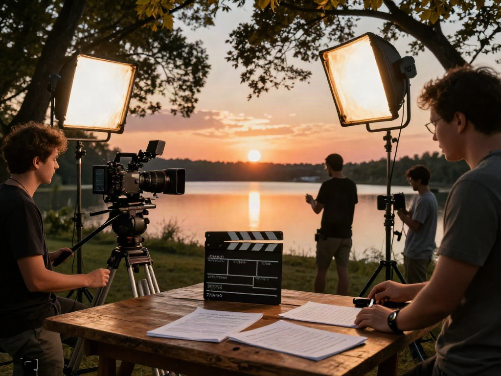 Proses syuting film mewah luxury111 dengan penata cahaya dan kru di latar senja.