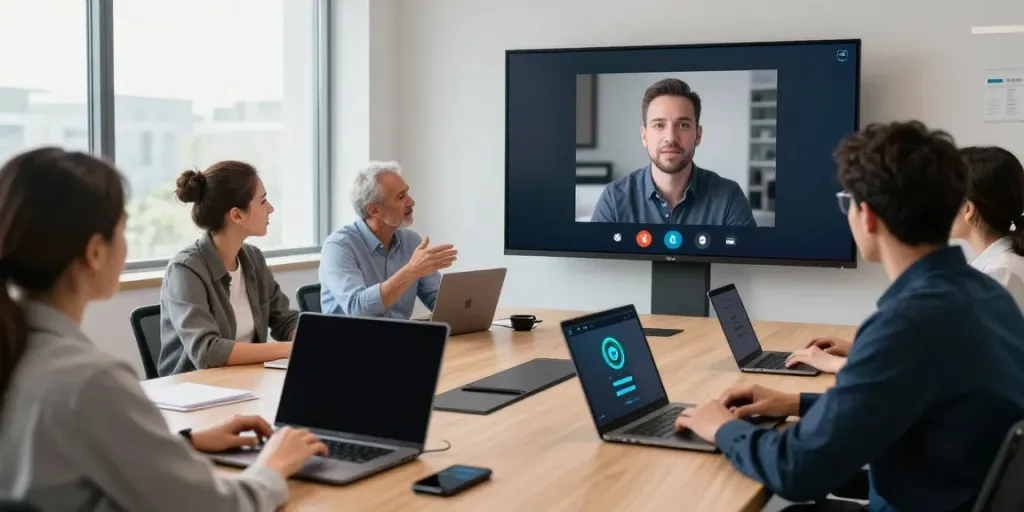 Deepfake protected Online Video Calls, Meetings and Conferencing in a modern conference room with biometric authentication technology.