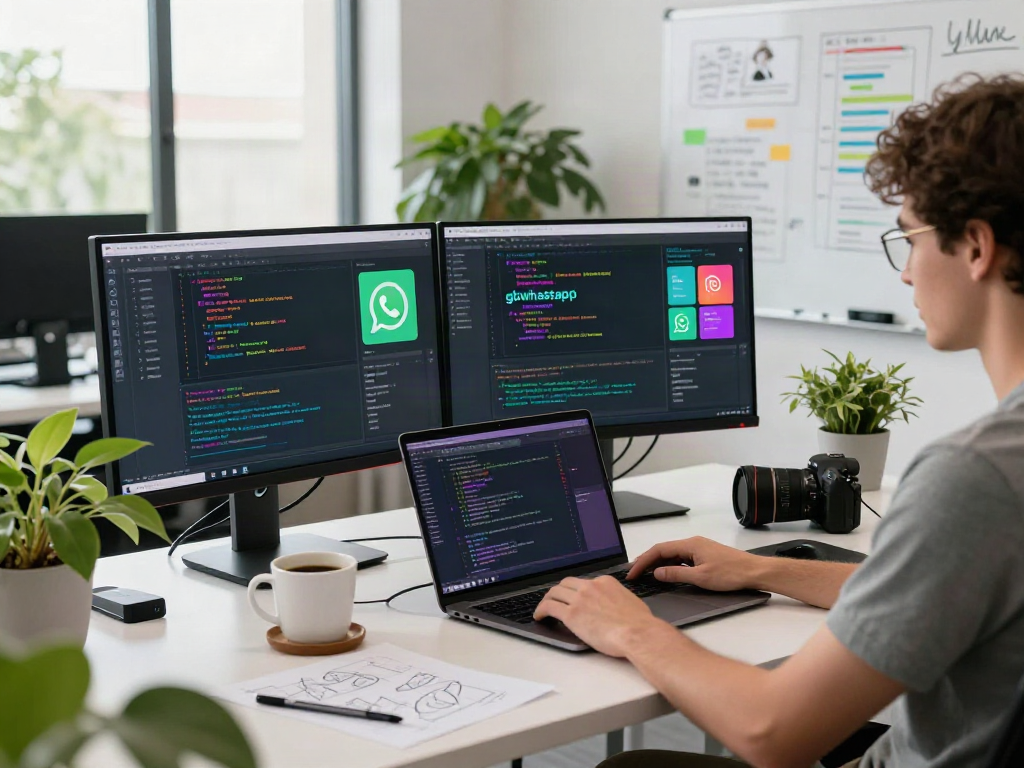 Expert developer optimizing gbwhatsapp features in a modern workspace with dual monitors and creative app sketches.