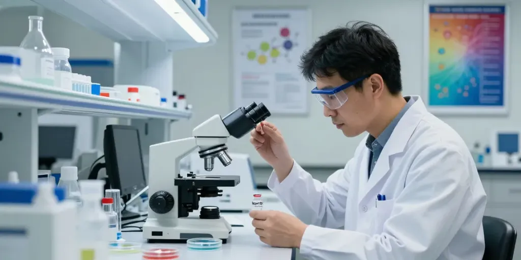 Researcher analyzing kpv10 peptide in a lab environment with scientific equipment.