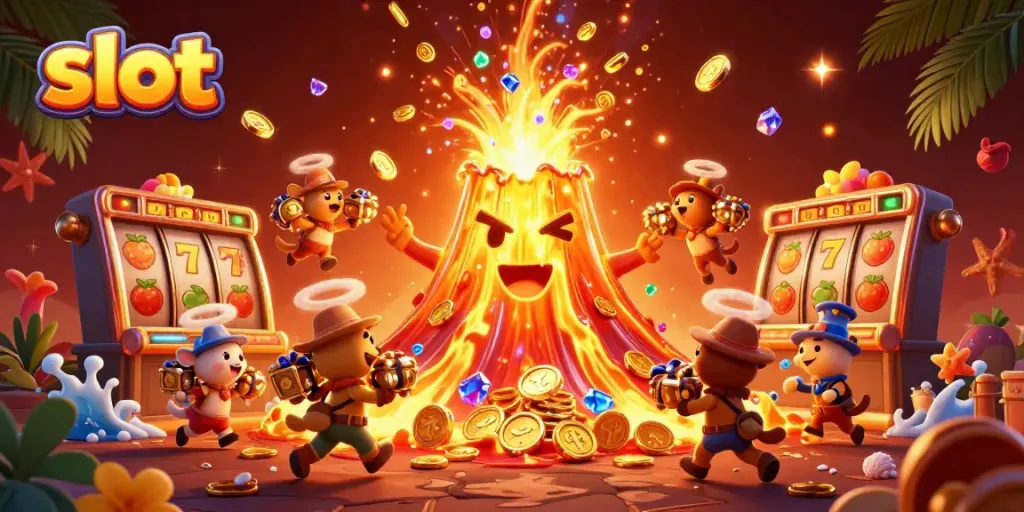 Engaging scene with a golden volcano, slot machines, and treasure-hunting animals celebrating winnings.