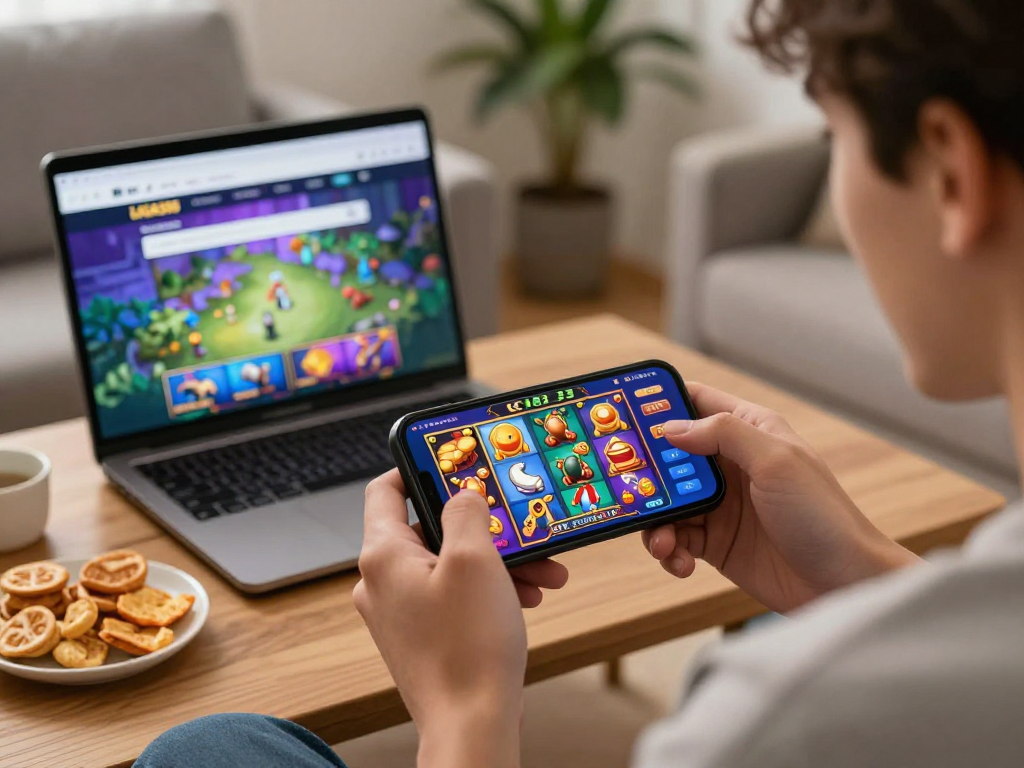 Pengguna memainkan permainan slot di aplikasi iga 335 dengan antarmuka yang menarik.
