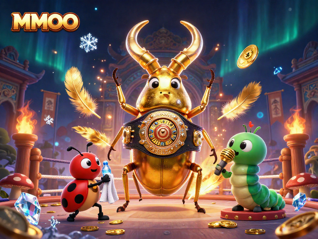 MMOO engages in vibrant casino action with a 3D stag beetle and ladybug in a lively arena.