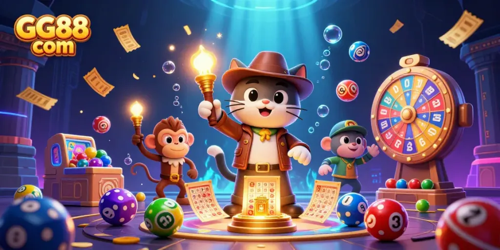 Engage with the thrilling world of GG88 com featuring a cartoon explorer cat discovering golden casino artifacts amidst vibrant lottery elements.