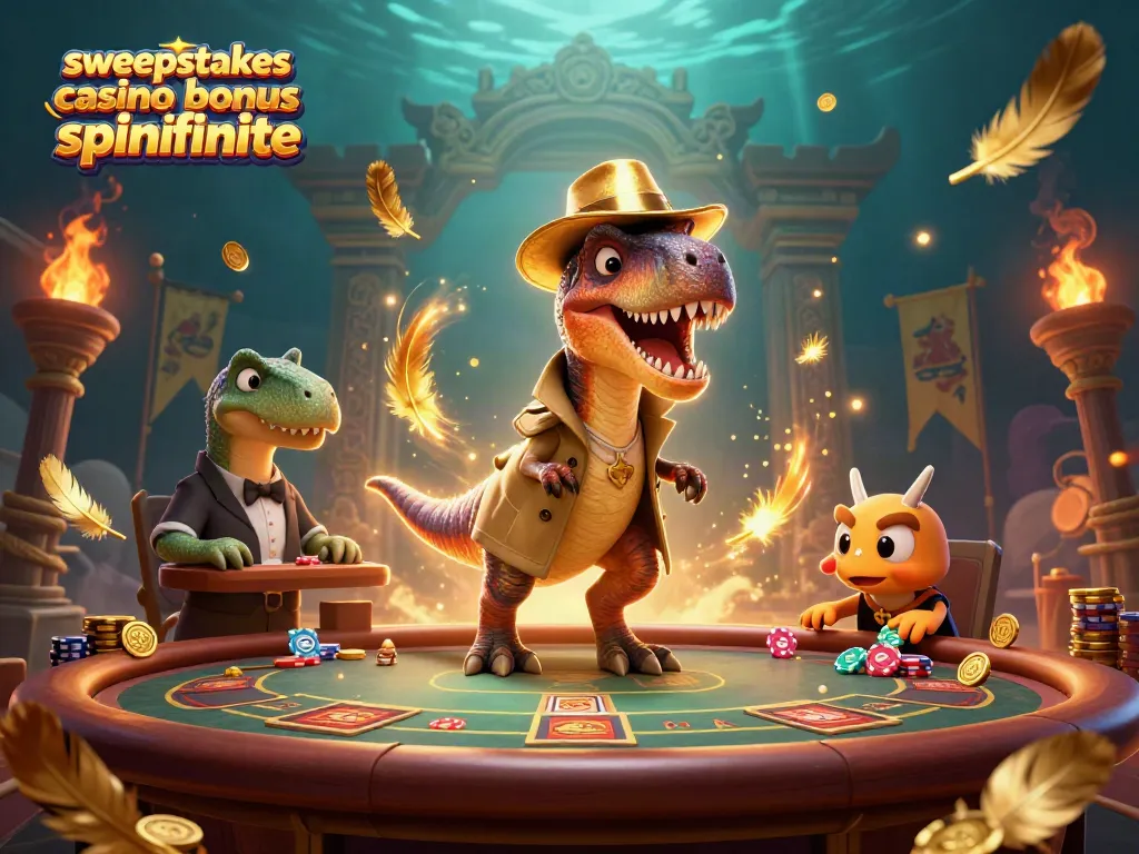 Engage in sweepstakes casino bonus spinfinite, featuring a 3D velociraptor card counter at a blackjack table.