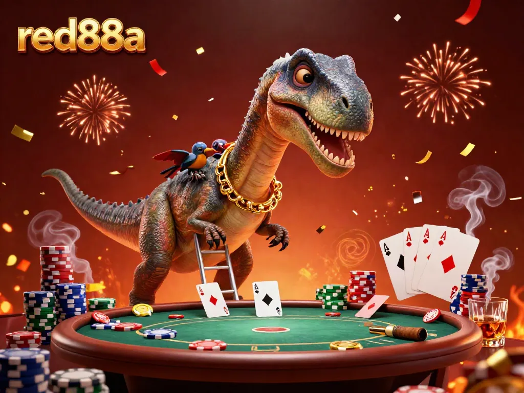 Engage with red88a at this vibrant casino scene featuring a cartoon dinosaur and clever raptor dealing cards.