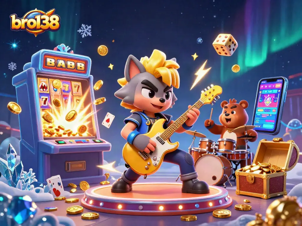 Win big with bro138 at the vibrant casino stage featuring exciting slots and celebratory elements.