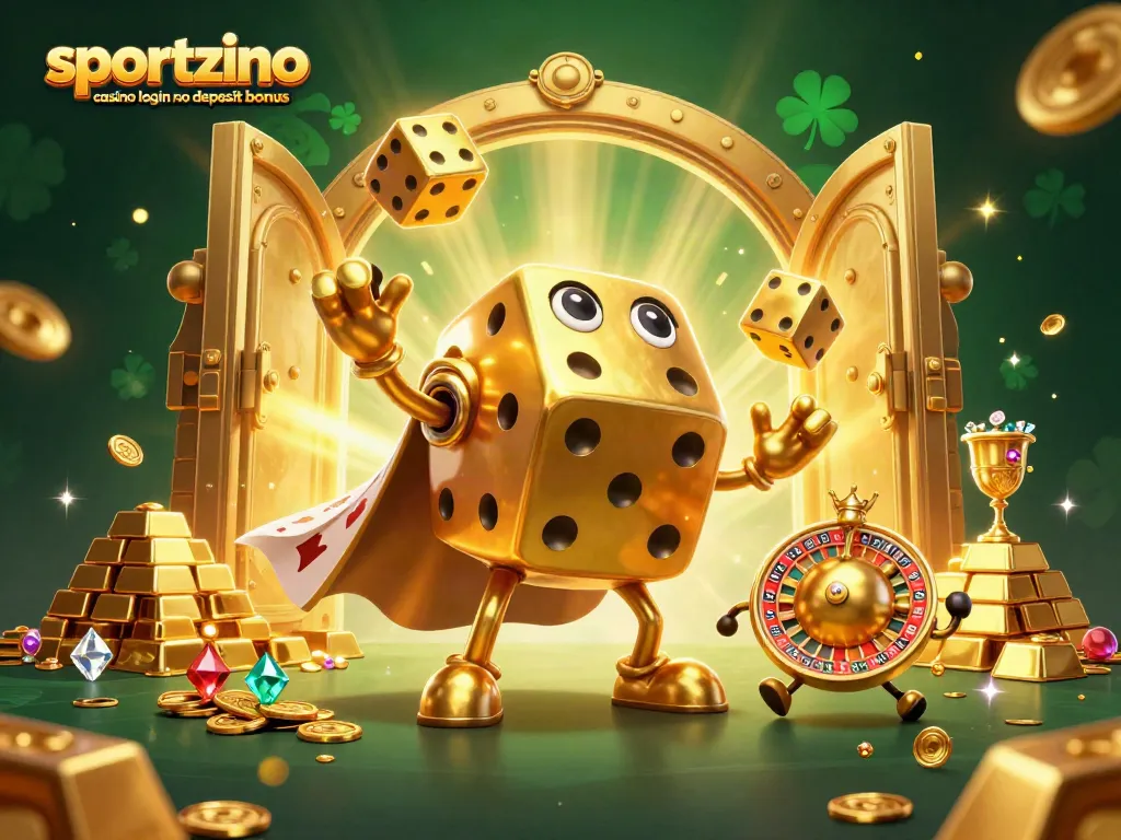 Spinning golden dice and treasure highlighting the sportzino casino login no deposit bonus for dynamic gameplay.