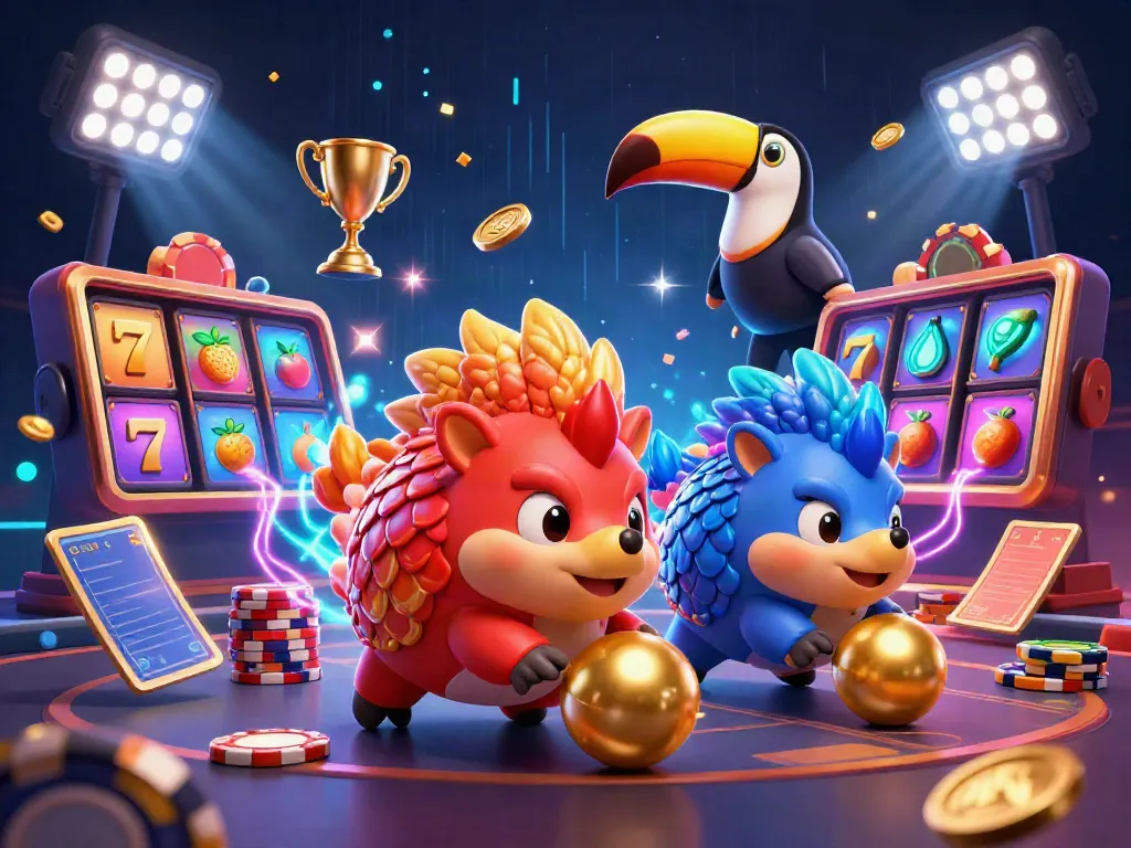 Experience thrilling gameplay with slot depo 5k in this vibrant illustration featuring engaging pangolins and dynamic casino elements.