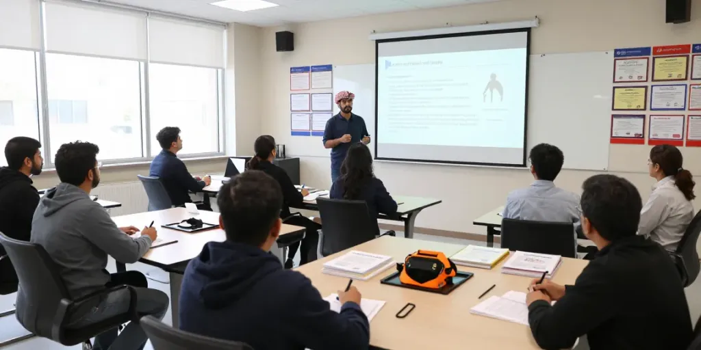 Training Institute Saudi Arabia professional HSE classroom with engaged learners and instructor.