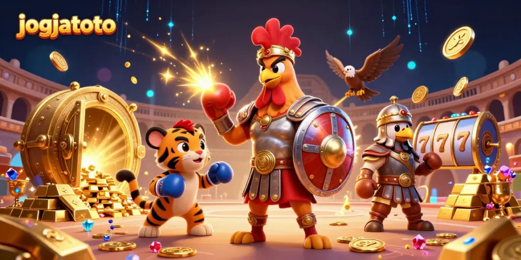 Engage with the thrilling adventures of jogjatoto amidst a vibrant casino scene featuring opulent treasures and dynamic characters.
