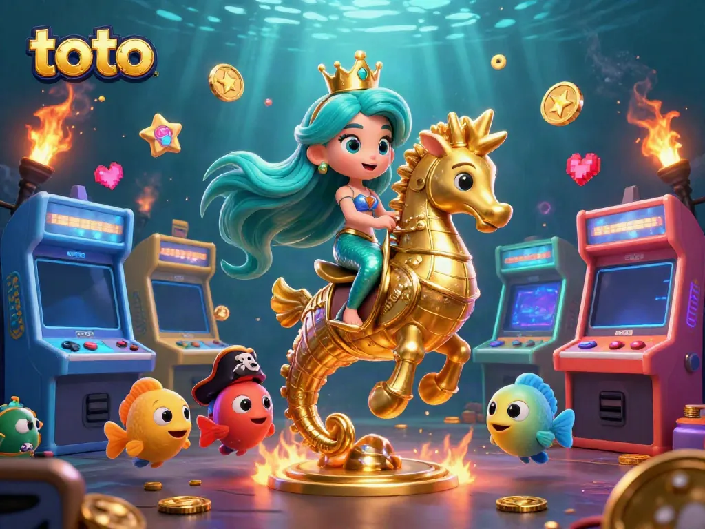 Experience the thrilling world of toto as a mermaid princess rides a giant seahorse among vibrant arcade elements.