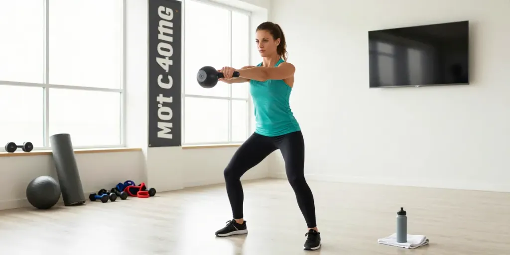 Athletic woman performing kettlebell swing in a bright studio, highlighting the benefits of mots-c 40mg.