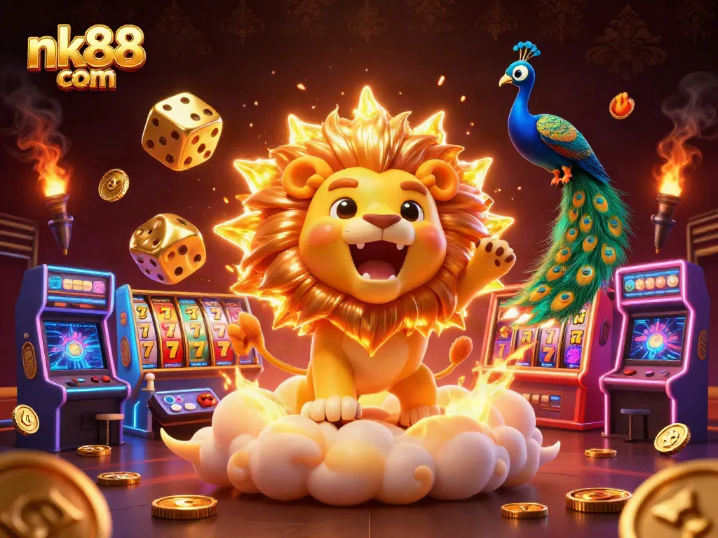 Engage in vibrant gaming action with nk88 com featuring a lion symbolizing winnings amidst colorful slot elements.