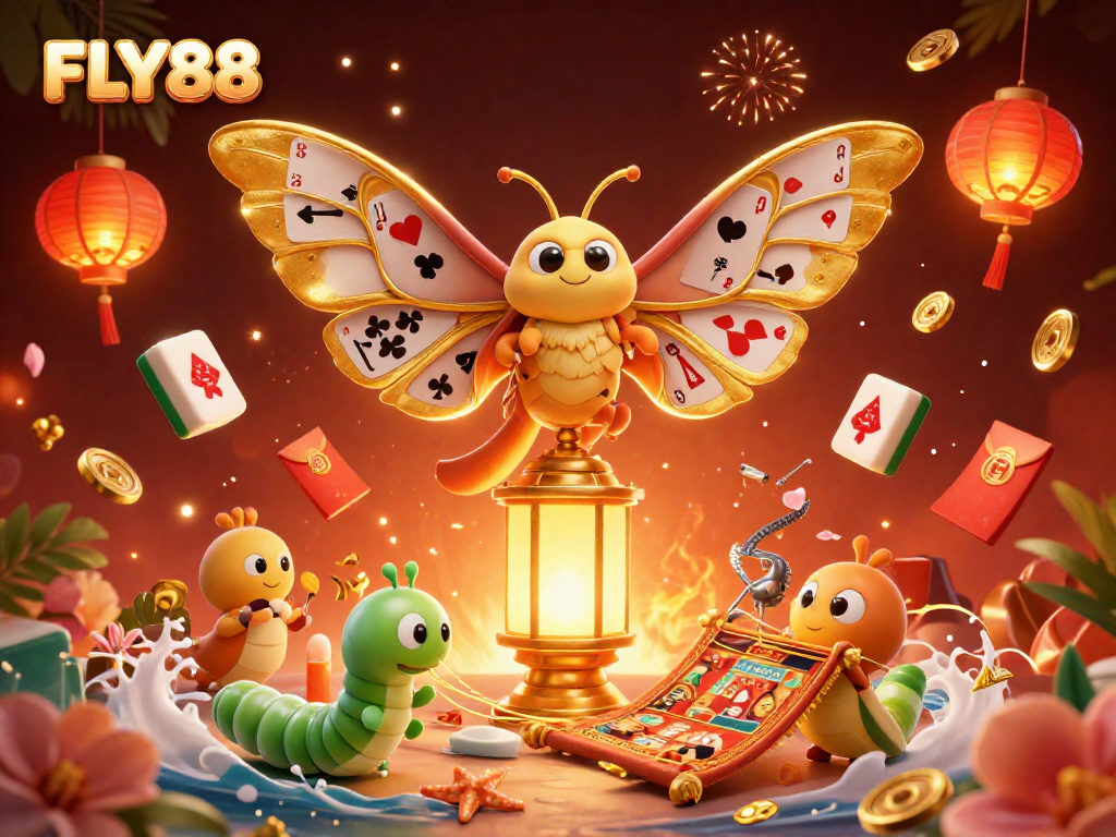 Experience gaming excitement with FLY88's vibrant 3D casino illustration showcasing unique characters and elements.
