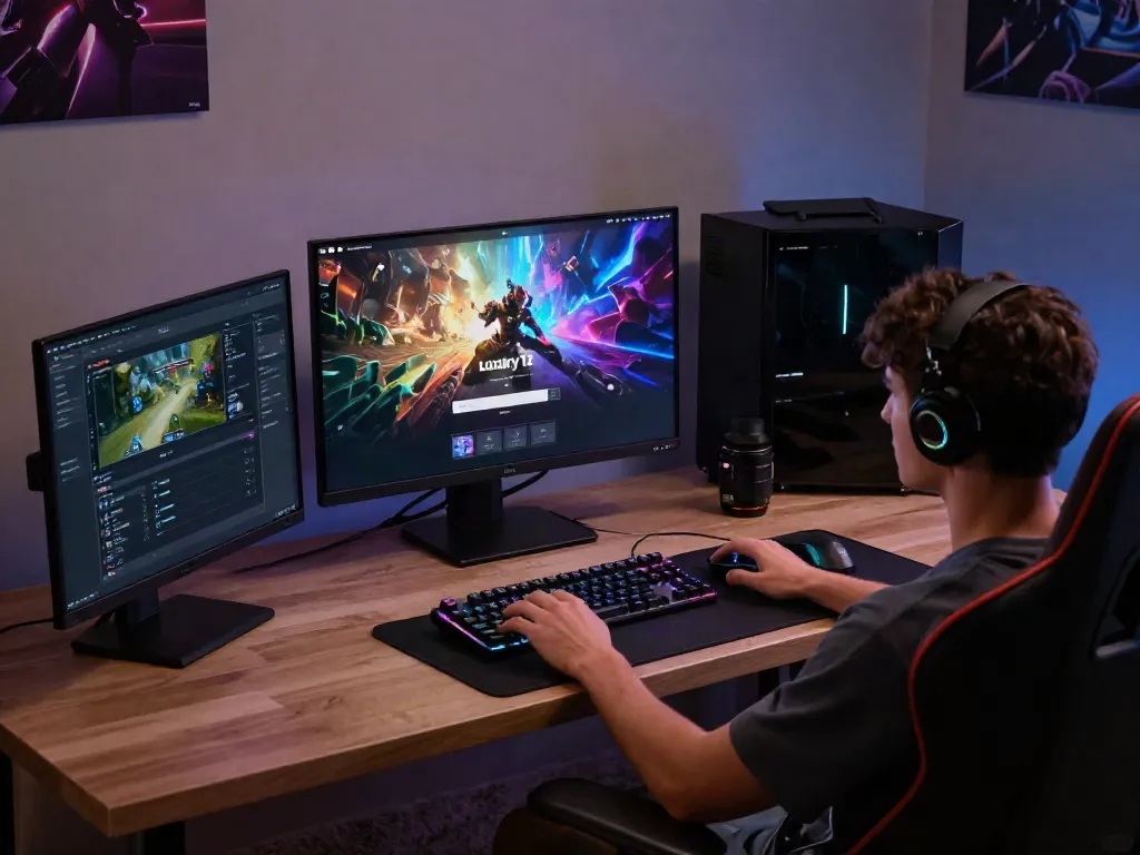 User engaging with luxury12 login on a sleek desktop setup, complete with vibrant gaming graphics and accessories.
