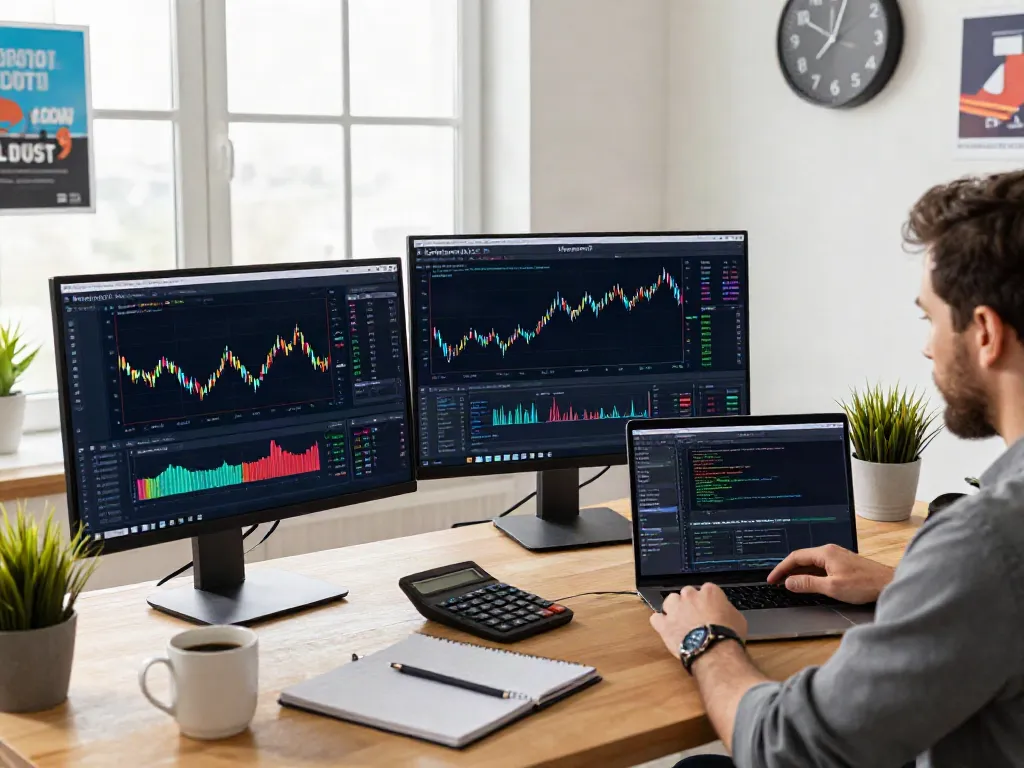 Trader analyzing real-time data on MetaTrader 5 platform in a bright workspace.