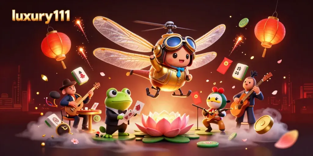 Experience luxury111 at a vibrant lily pad casino with animated characters and festive game elements.