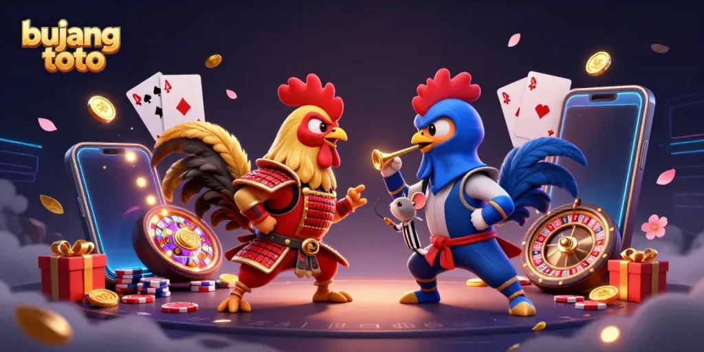 Experience the thrill of bujang toto with fierce roosters battling amidst spinning slot games and golden coins.
