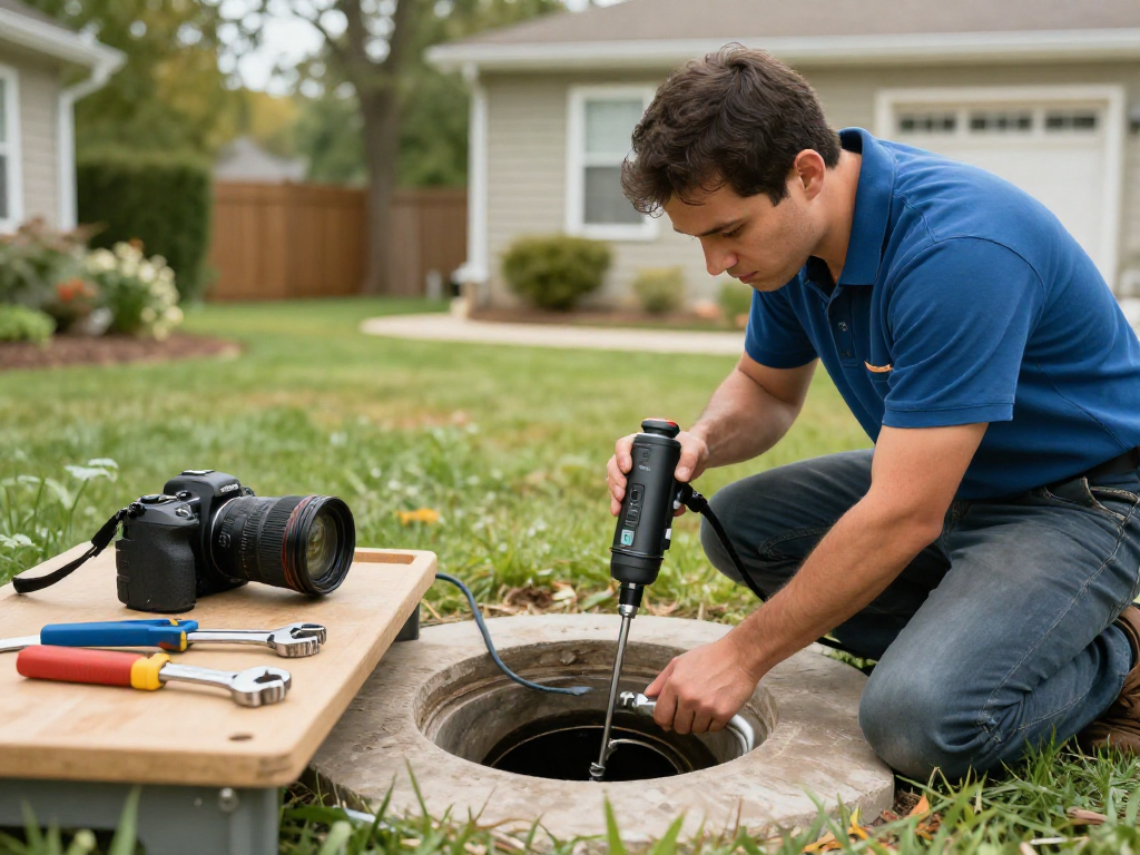 Sewer line service Fort Worth - plumber inspecting sewer line with camera in home environment.