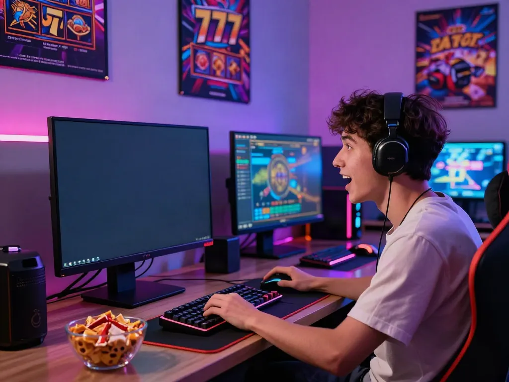 Gamer bermain slot777 dengan antusias di ruangan modern penuh cahaya LED berwarna.