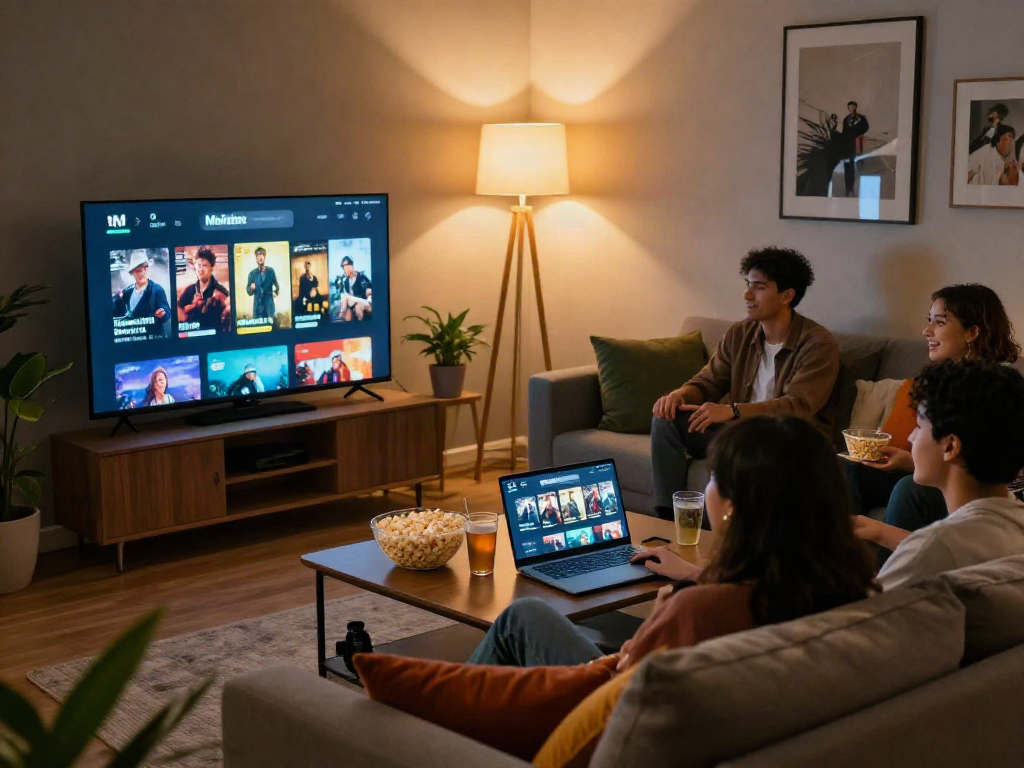 Friends enjoying a movie night using the Moviebox app download in a cozy living room.