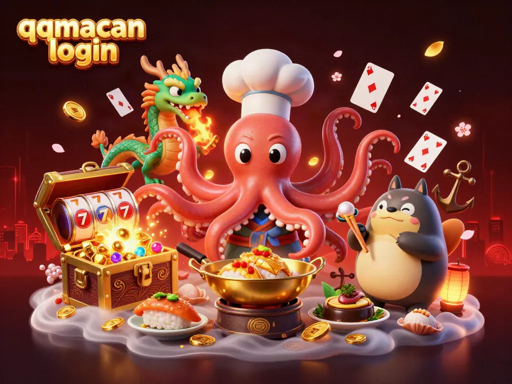 Experience thrilling gameplay with qqmacan login featuring a festive scene of animated characters and rich casino elements.