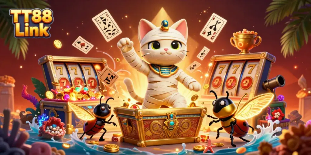 Experience thrilling action with TT88 Link in this vibrant casino illustration featuring a mummy cat and scarab beetle.