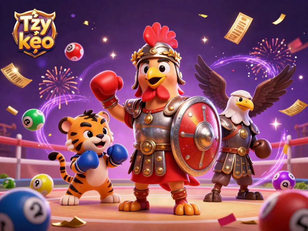 Tỷ lệ kèo sports betting illustrated with a gladiator rooster and dynamic elements like balls, prizes, and cash.