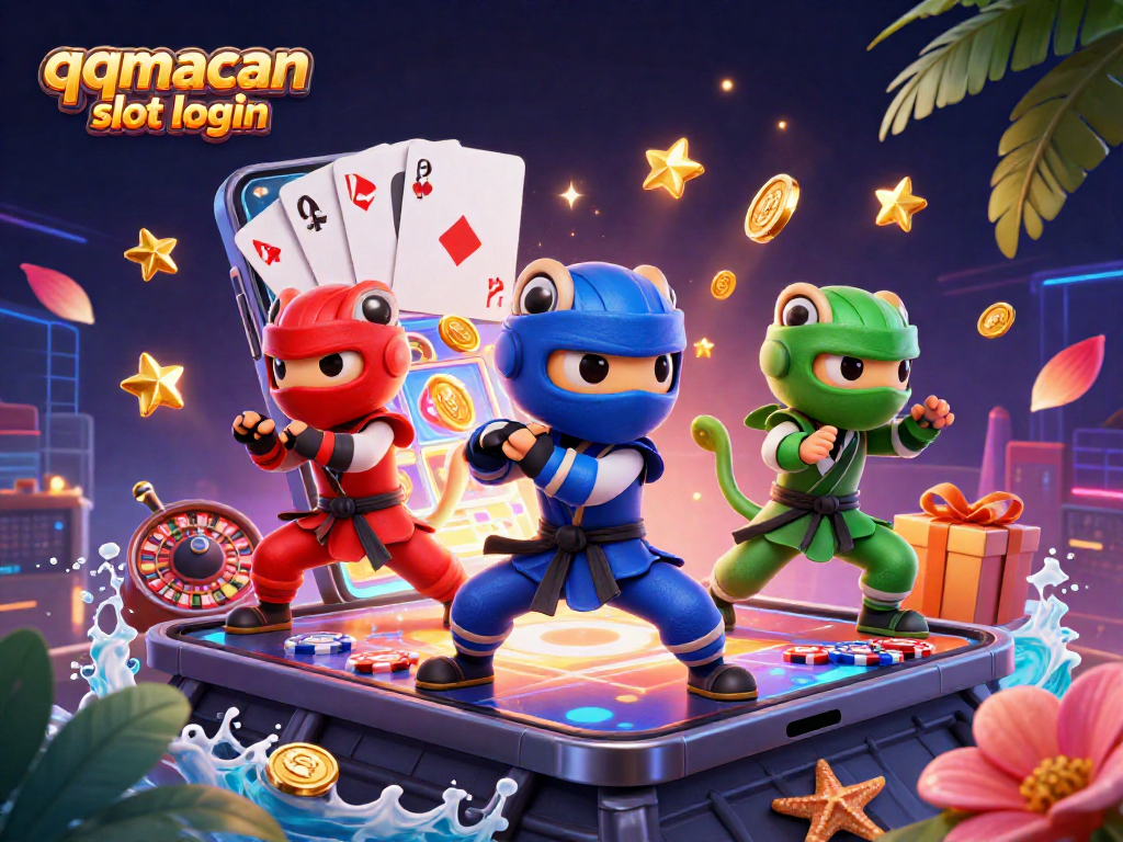 Engage with qqmacan slot login through a vibrant 3D scene of chameleon ninjas showcasing dynamic martial arts around a colorful slot game.