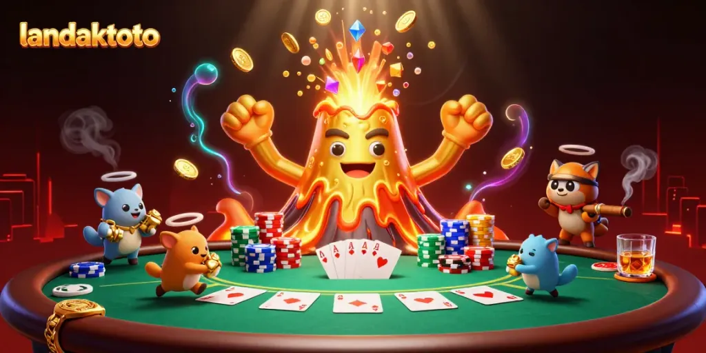 Melihat permainan poker yang mendebarkan di landaktoto dengan gunung berapi berwajah emas yang memancarkan harta karun.