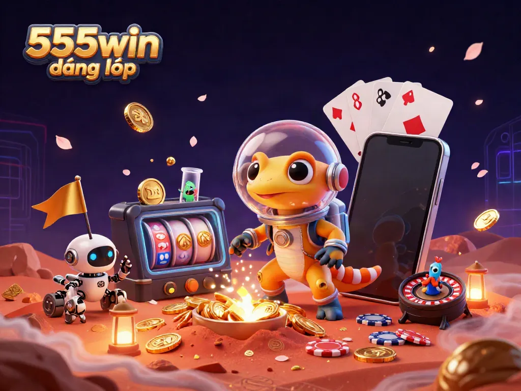 Engage with the vibrant 555win đăng nhập scene as a Martian gecko discovers a golden casino on Mars, surrounded by exciting game elements.